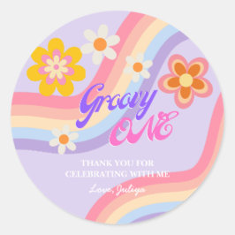 Pegatina Redonda Groovy One Retro Rainbow Primer cumpleaños