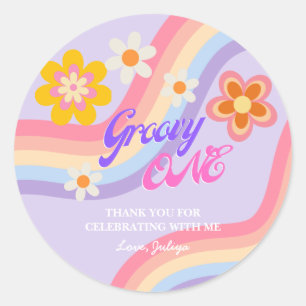 Pegatina Redonda Groovy One Retro Rainbow Primer cumpleaños