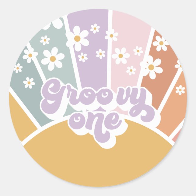 Pegatina Redonda Groovy One Retro Sunshine Rainbow Daisy (Anverso)