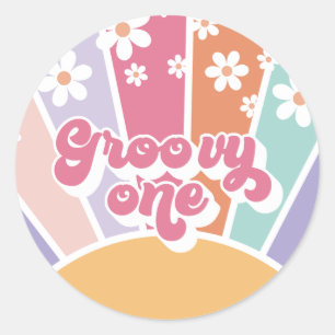 Pegatina Redonda Groovy One Retro Sunshine Rainbow Daisy
