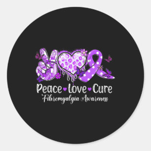 Pegatina Redonda Groovy Peace Love Cure Purple Ribbon Fibromialgia
