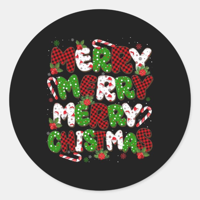 Pegatina Redonda Groovy Plaid Merry Christmas Xmas Family Hens Muje (Anverso)