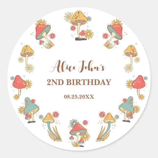 Pegatina Redonda Groovy Psychedelic Mushroom Kids Cumpleaños (Anverso)