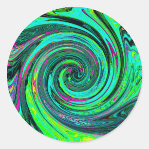 Pegatina Redonda Groovy Resumen Retro Green y Magenta Swirl