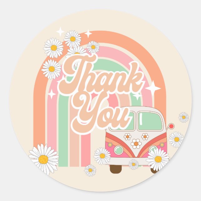 Pegatina Redonda GROOVY Retro 70's naranja rosado hippie Gracias (Anverso)