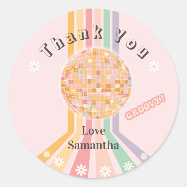 Pegatina Redonda Groovy Retro Daisy Disco Cumpleaños (Anverso)