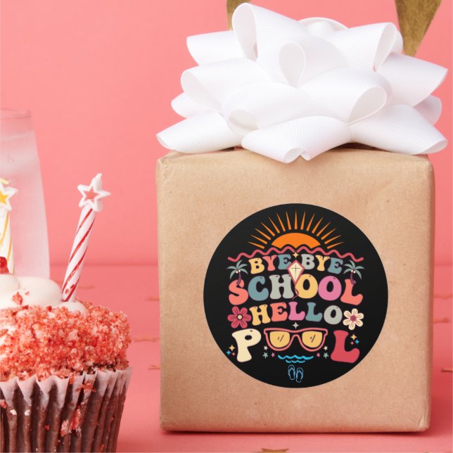 Pegatina Redonda Groovy Retro Design Bye Bye School Hello Pool Guay (Fiesta)