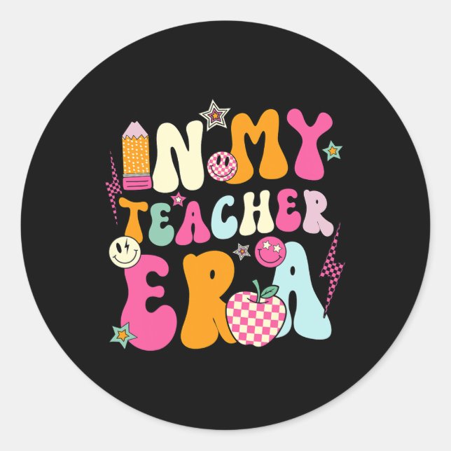 Pegatina Redonda Groovy retro en mi era docente mejor aprendiz (Anverso)