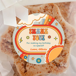 Pegatina Redonda Groovy Retro Rainbow Gracias fiesta de cumpleaños