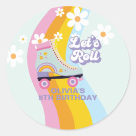 Pegatina Redonda Groovy Rollerskating Retro Rainbow Birday