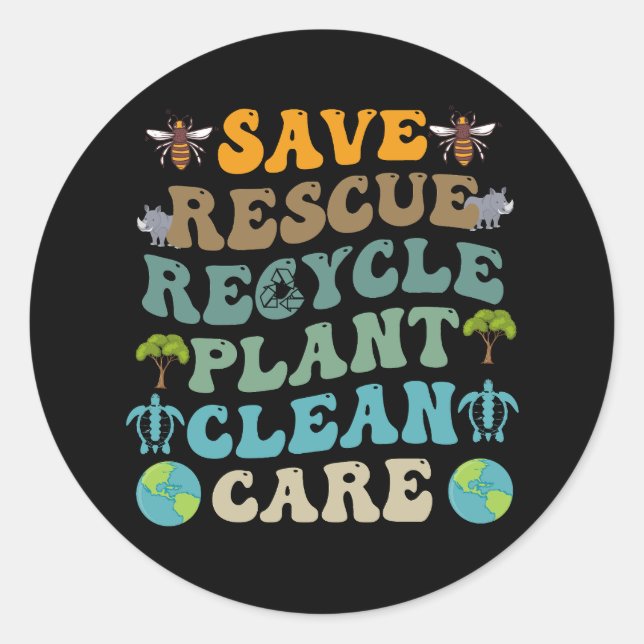 Pegatina Redonda Groovy Save Bees Rescue Animals Recycle Earth Day (Anverso)