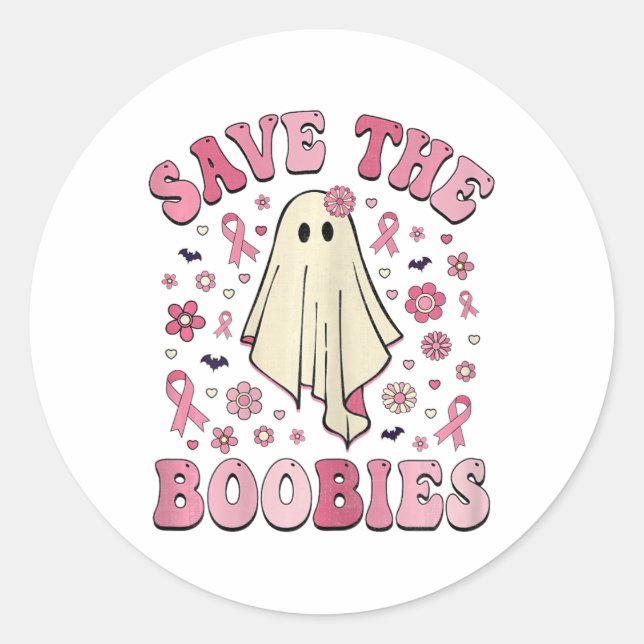 Pegatina Redonda Groovy Save The S Breast Cancer Awareness Hallowee (Anverso)