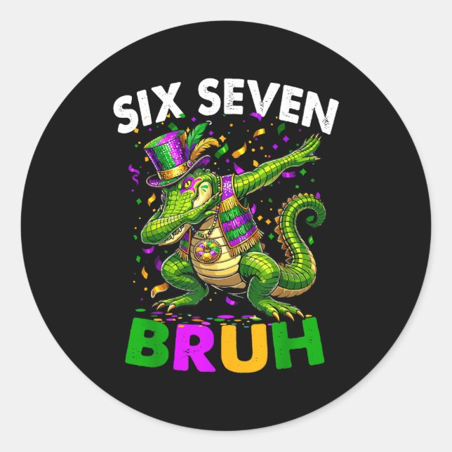 Pegatina Redonda Groovy Six Seven Bruh Alligator Dabbing Mardi Gras (Anverso)