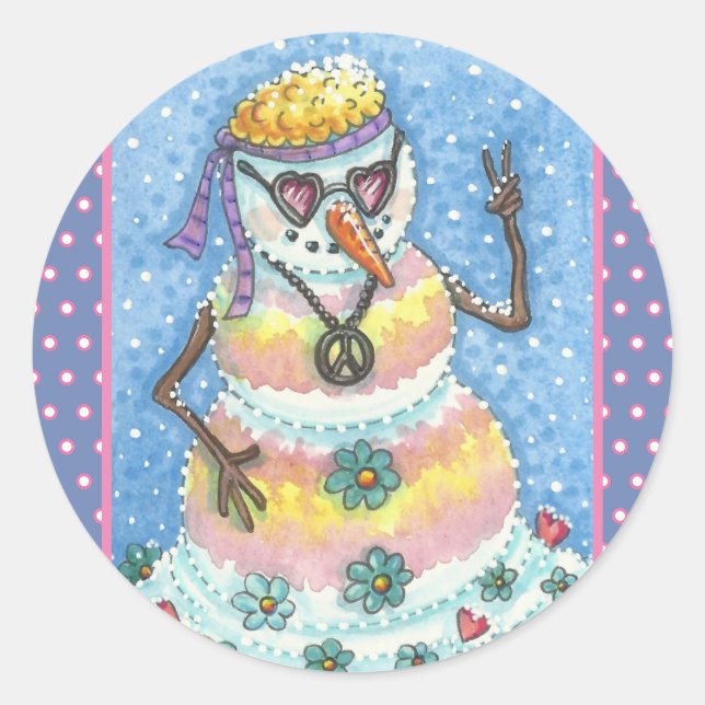 PEGATINA REDONDA GROOVY SNOWMAN, SIGNO DE PAZ NAVIDAD (Anverso)