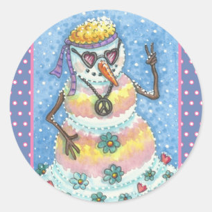 PEGATINA REDONDA GROOVY SNOWMAN, SIGNO DE PAZ NAVIDAD