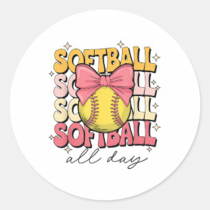 Pegatina Redonda Groovy Softball Coquette Bow Softball Lover Softba