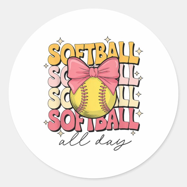 Pegatina Redonda Groovy Softball Coquette Bow Softball Lover Softba (Anverso)