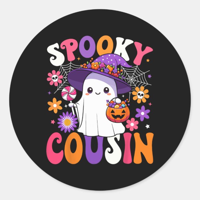 Pegatina Redonda Groovy Spooky Cousin Halloween Ghost Pumpkin Hallo (Anverso)