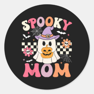 Pegatina Redonda Groovy Spooky Mom Retro Ghost Holding Pumpkin Hall