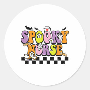 Pegatina Redonda Groovy Spooky Nurse Retro Halloween Enfermera Caer