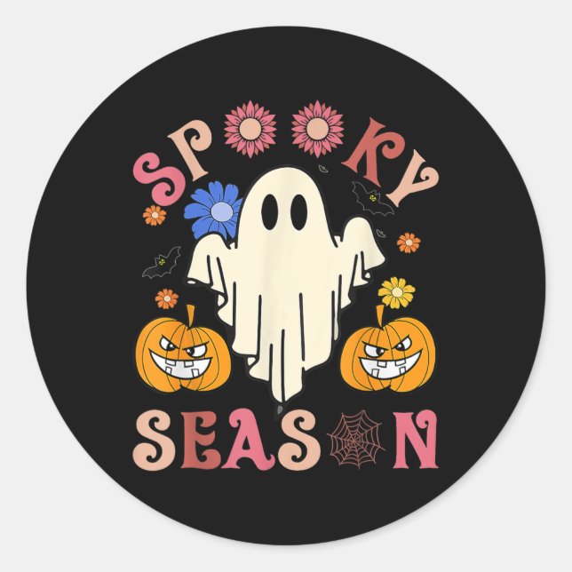 Pegatina Redonda Groovy Spooky Season Cute Ghost Pumpkin Ha (Anverso)