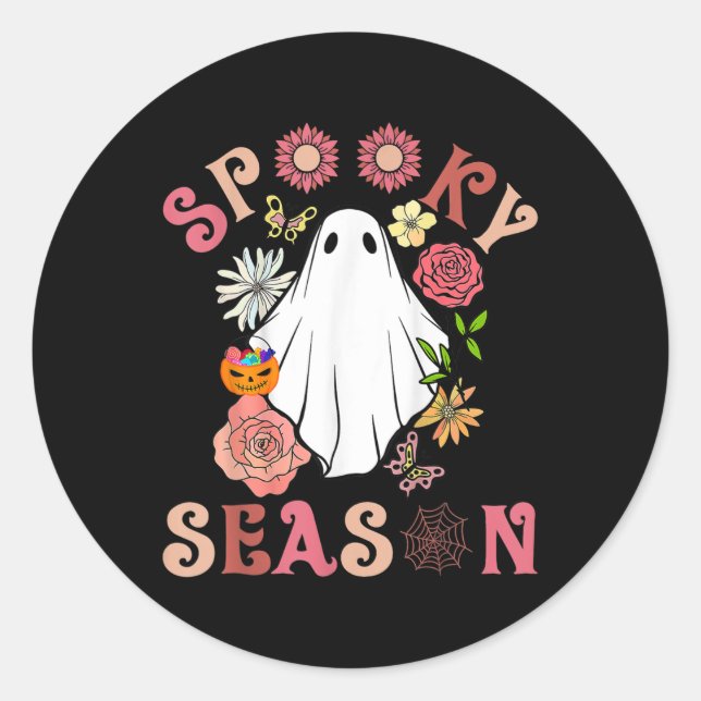 Pegatina Redonda Groovy Spooky Season Cute Ghost Pumpkin Ha (Anverso)