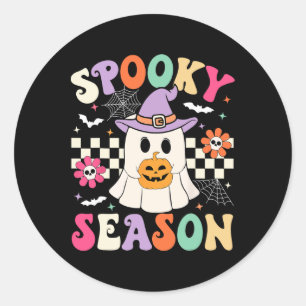 Pegatina Redonda Groovy Spooky Season Retro Ghost Holding Pumpkin H