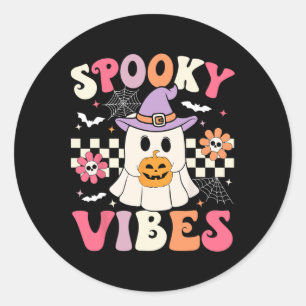 Pegatina Redonda Groovy Spooky Vibes Retro Ghost Holding Pumpkin Ha