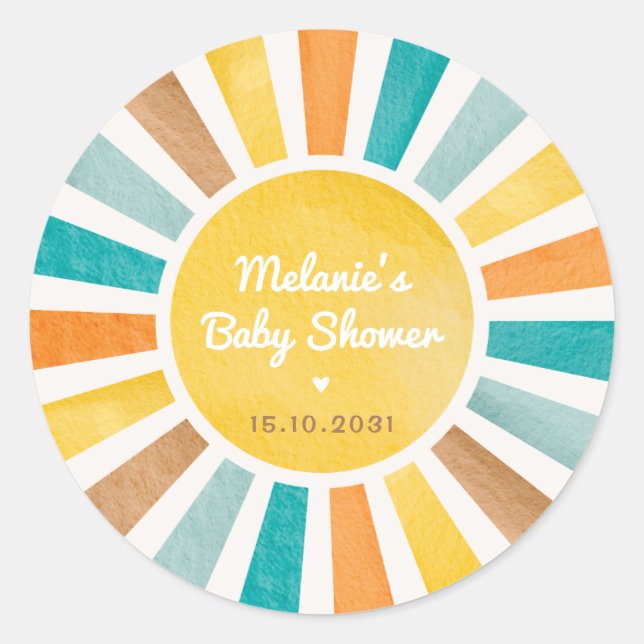 Pegatina Redonda Groovy Sunshine llega al hijo Baby Shower (Anverso)