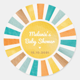 Pegatina Redonda Groovy Sunshine llega al hijo Baby Shower