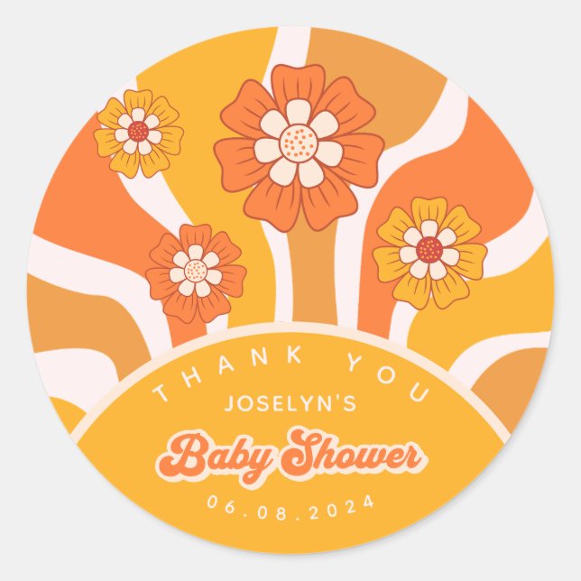 Pegatina Redonda Groovy Sunshine Retro Floral Baby Boy Shower (Anverso)