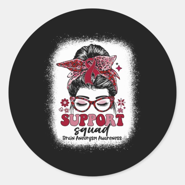 Pegatina Redonda Groovy Support Squad Messy Bun Brain Aneurysm (Anverso)