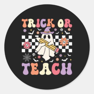 Pegatina Redonda Groovy Teacher Halloween Retro Trick O Teach Flick