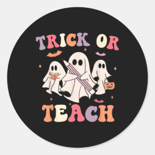 Pegatina Redonda Groovy Teacher Halloween Retro Trick O Teach Flick