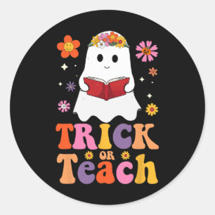 Pegatina Redonda Groovy Teacher Halloween Trick O Teach Retro Flor