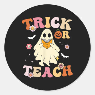Pegatina Redonda Groovy Teacher Halloween Trick O Teach Retro Flor