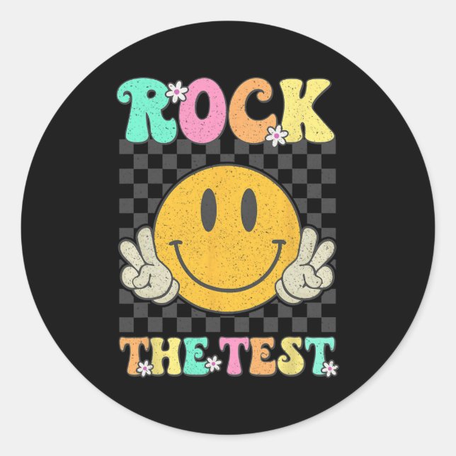 Pegatina Redonda Groovy Test Day Rock the Test Smile Hippie Chicas  (Anverso)