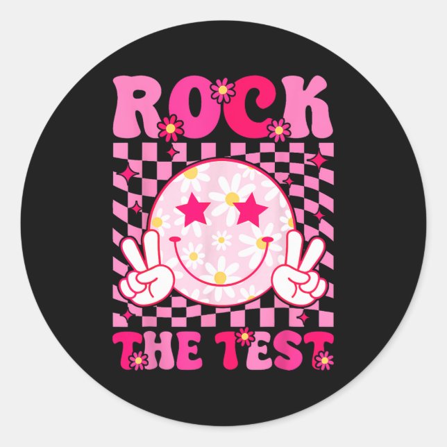Pegatina Redonda Groovy Test Day Rock the Test Smile Hippie Pink Gi (Anverso)