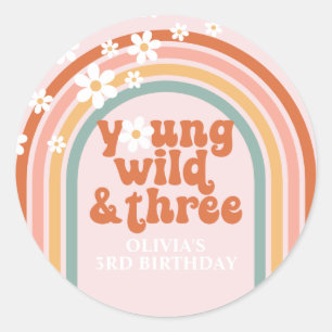 Pegatina Redonda Groovy Young Wild Three daisy rainbow tercer cumpl