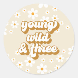 Pegatina Redonda Groovy Young Wild Three Retro Daisy Tercer Cumplea