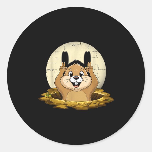 Pegatina Redonda Groundhog Shadow Funny Puppet Happy Groundhog Day  (Anverso)