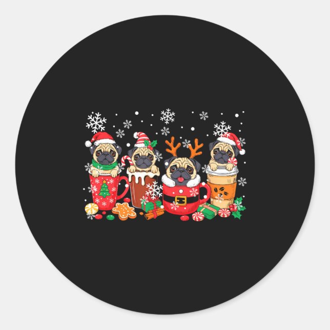 Pegatina Redonda Group Santa Reindeer Pugs In Coffee C Christmas  (Anverso)