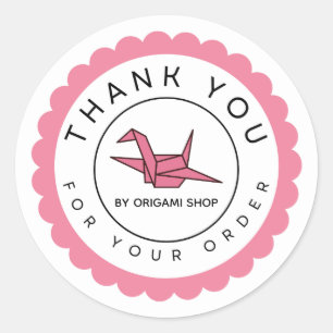 Pegatina Redonda Grulla de origami rosa Gracias por su pedido