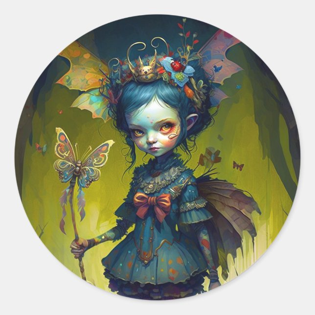 Pegatina Redonda Grumpy Fairy Pixie Fantasy Art (Anverso)