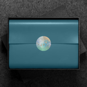 Pegatina Redonda Grunge costero Oro azul y verde acuarela