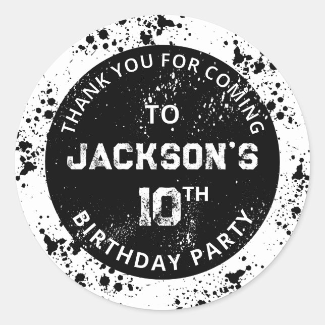 Pegatina Redonda Grunge Paint Splatter Black & White Birthday (Anverso)