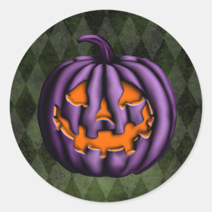 Pegatina Redonda Grunge verde de calabaza morada de Halloween