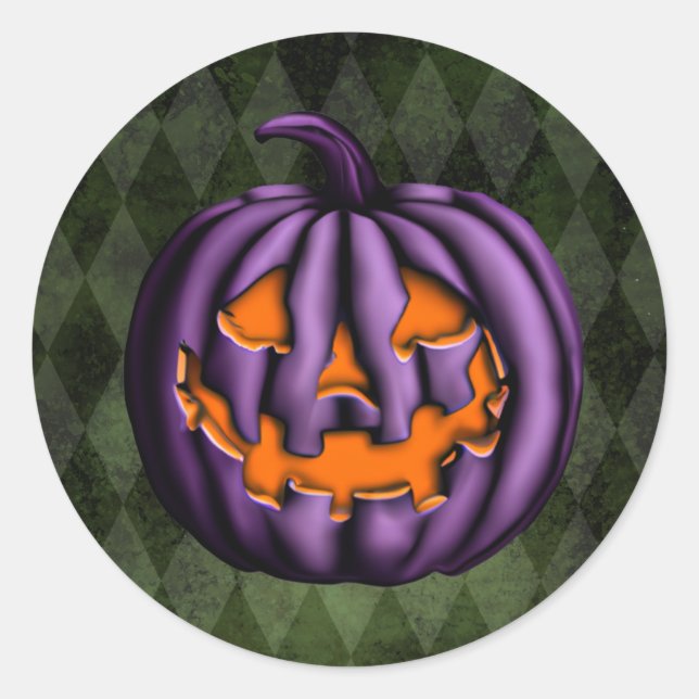 Pegatina Redonda Grunge verde de calabaza morada de Halloween (Anverso)