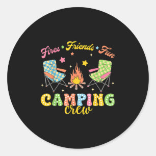Pegatina Redonda Grupo de Camping Familia Amigos Chicas Niños Ambie