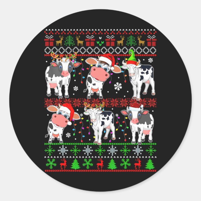 Pegatina Redonda Grupo Santa Reindeer Elf Cows Xmas Farm Cute (Anverso)